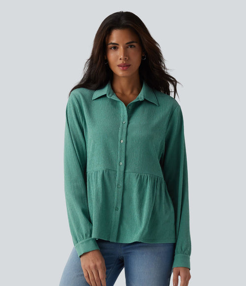 Chemise décontractée peplum à col manches longues avec ourlet à volants effet froissé et poches
