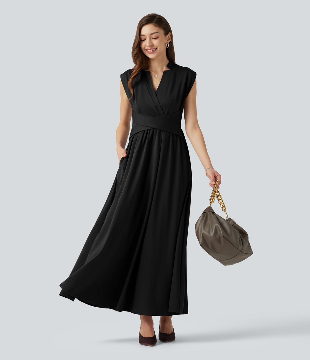 Robe midi fluide esprit bureau sans manches col V avec poches