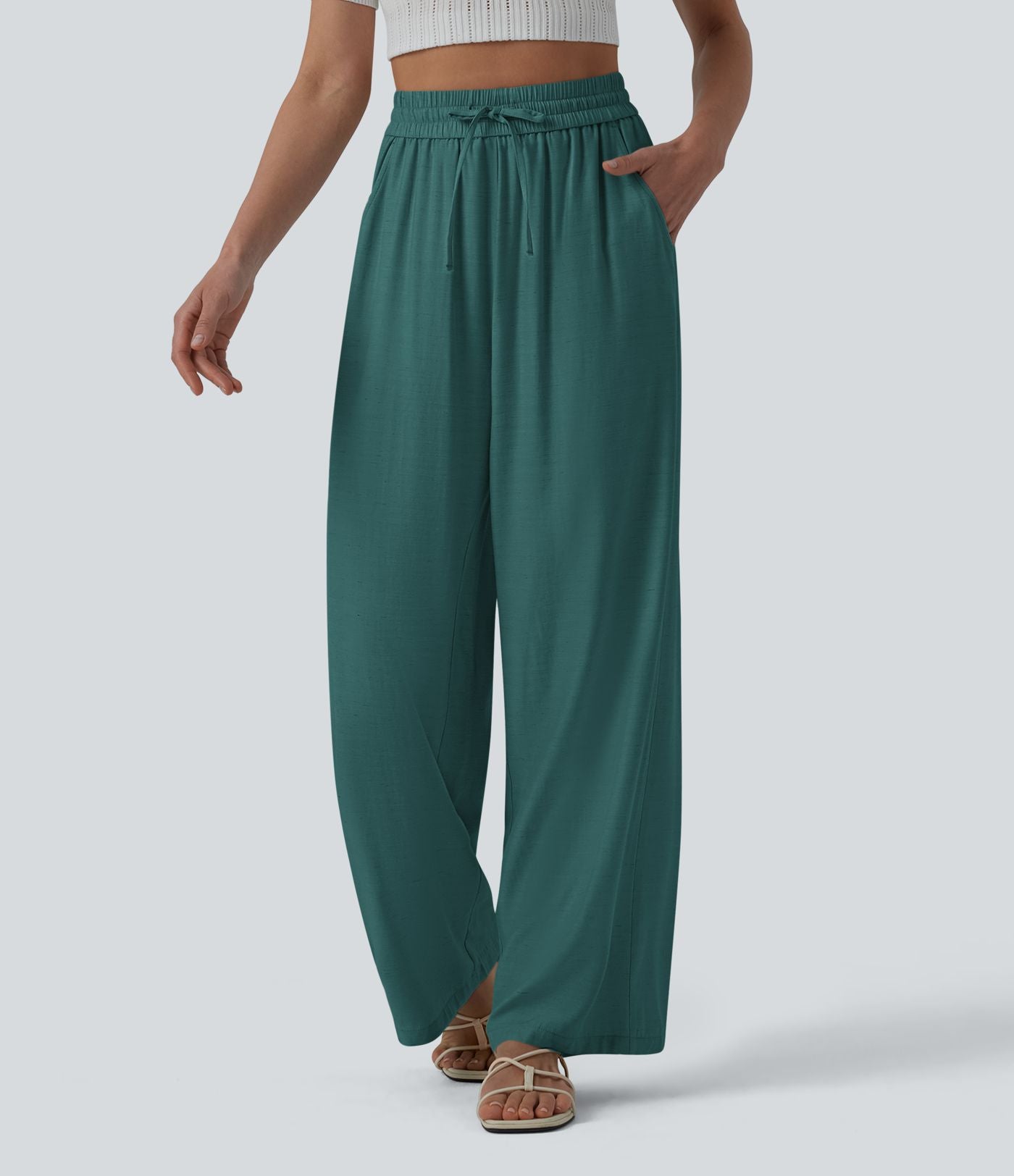 Pantalon casual large mélange lin taille haute avec cordon de serrage et poches