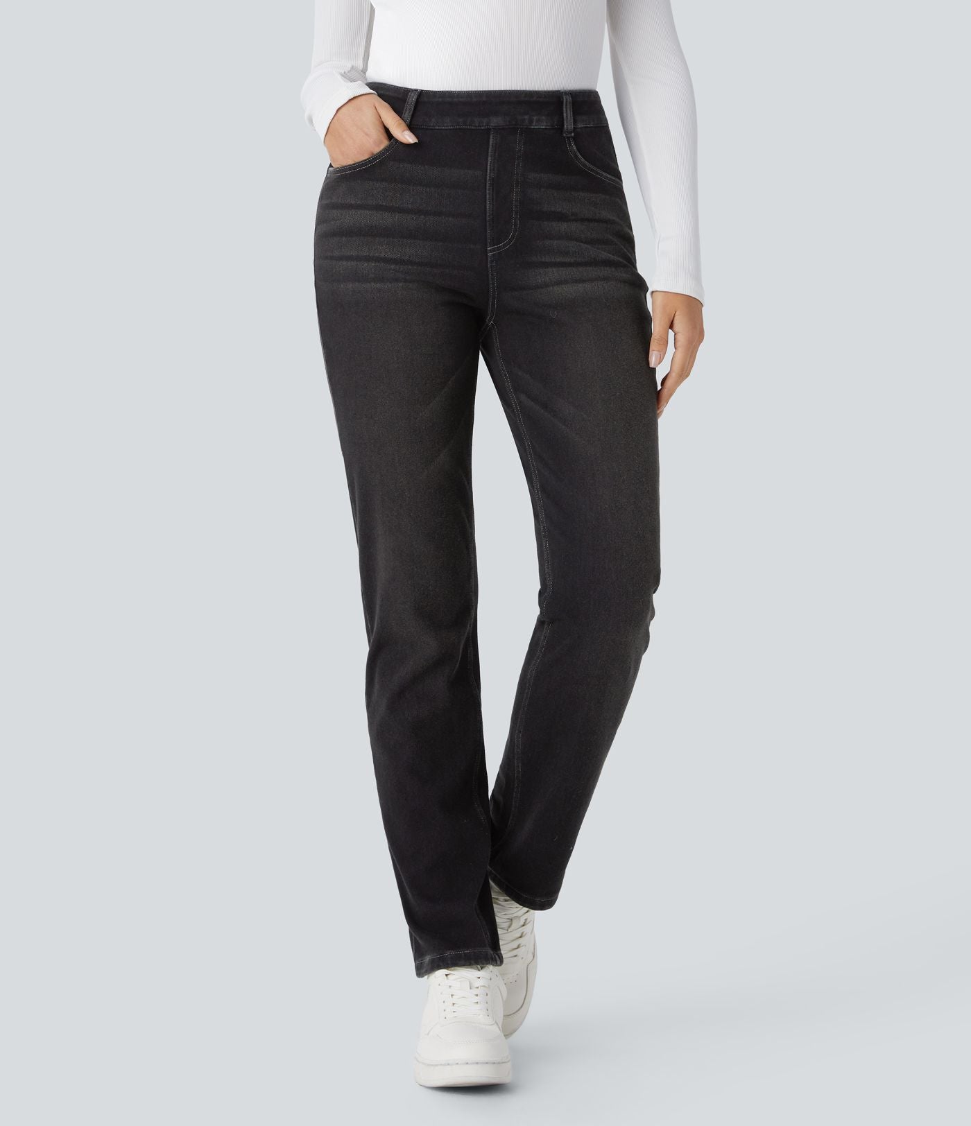 Jean délavé coupe droite taille haute Halara Flex™ Denim Heat avec poches