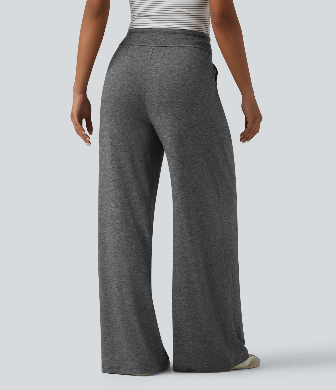 Pantalon casual ample chiné à plis taille haute avec cordon de serrage et poches
