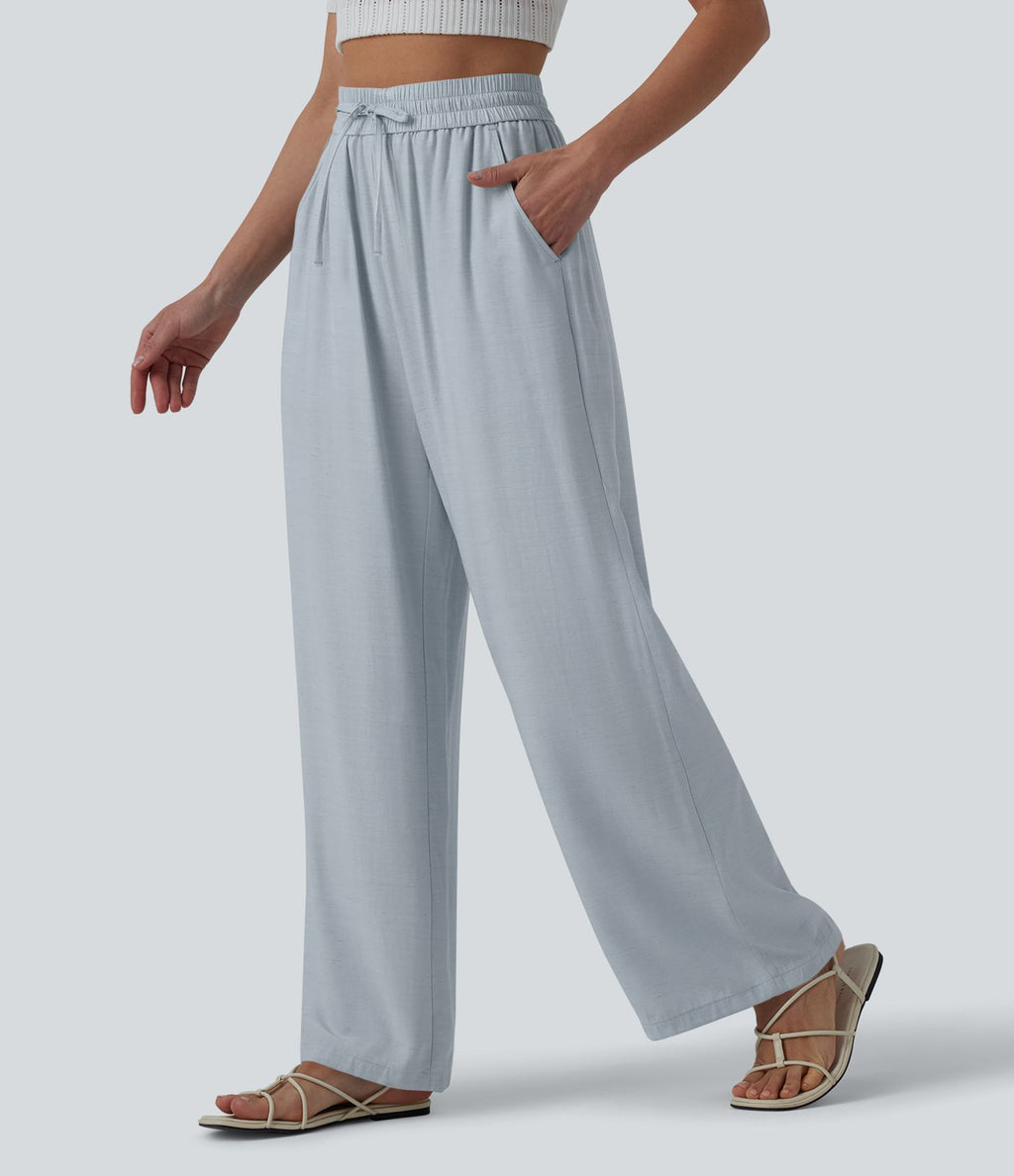Pantalon casual large fluide mélange lin taille haute avec cordon de serrage et poches