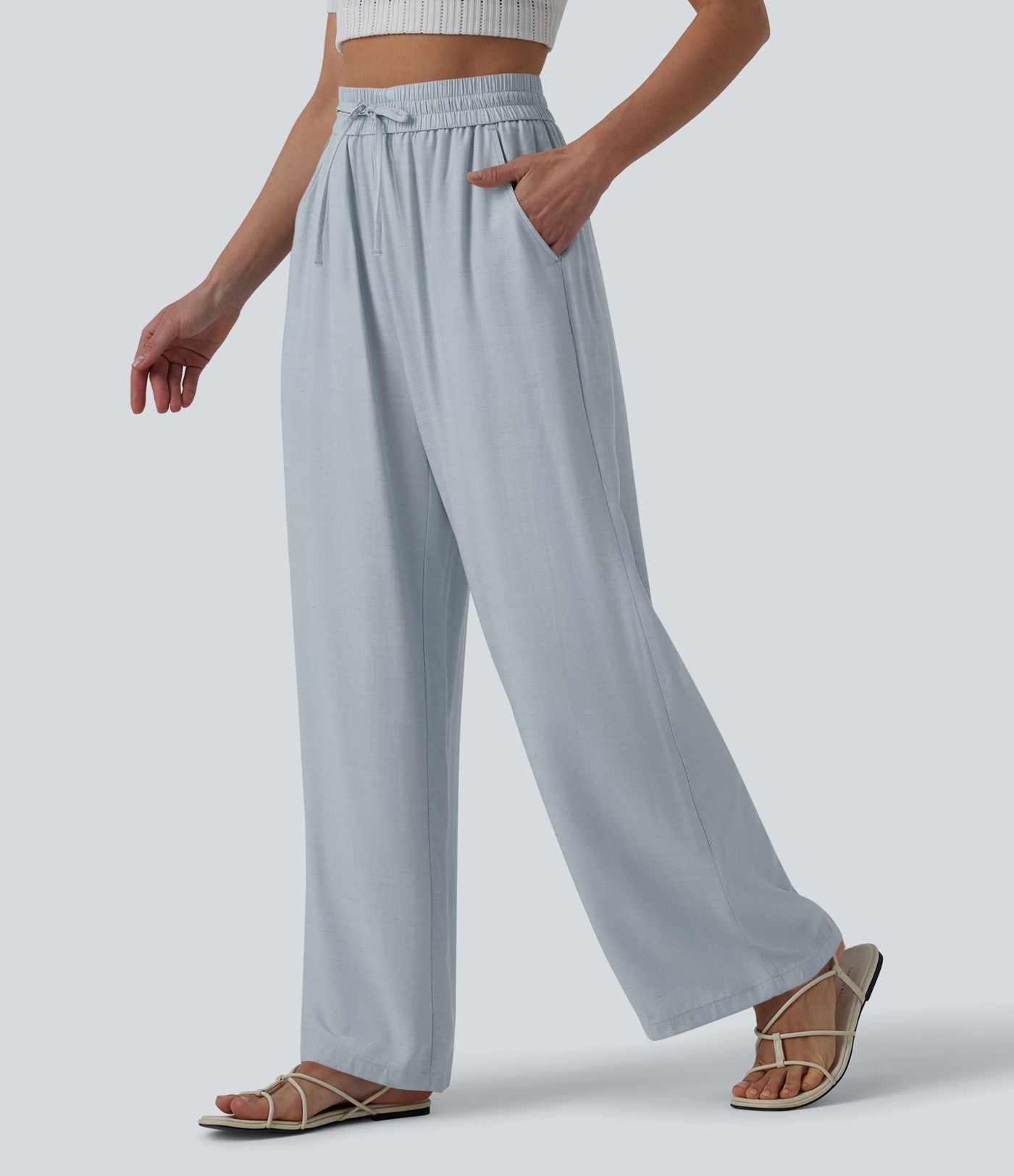 Pantalon casual large mélange lin taille haute avec cordon de serrage et poches