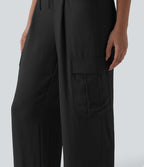 Pantalon cargo casual coupe droite taille mi-haute aspect lin à cordon de serrage avec poches