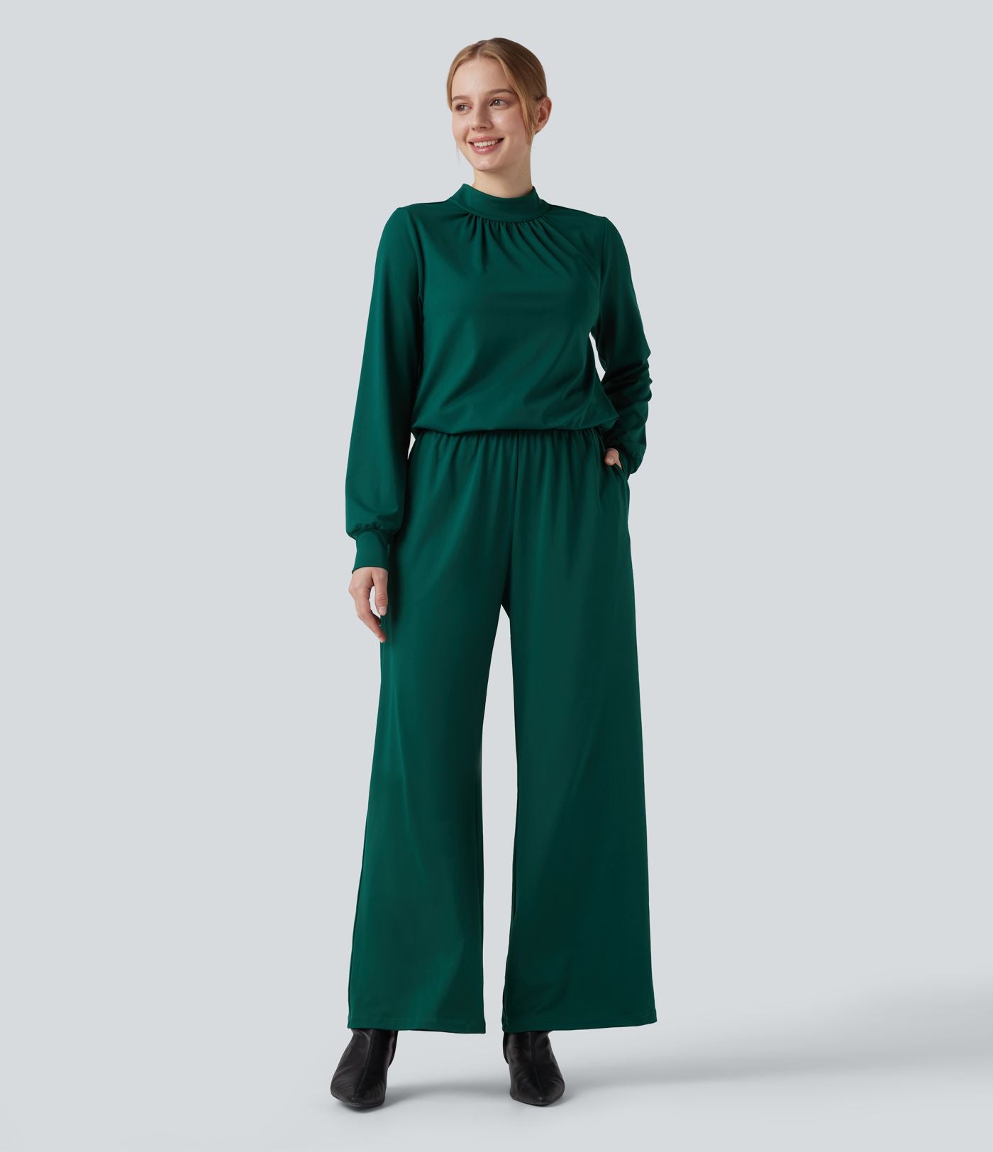 Combinaison pantalon large col montant dos goutte d'eau manches longues avec poches