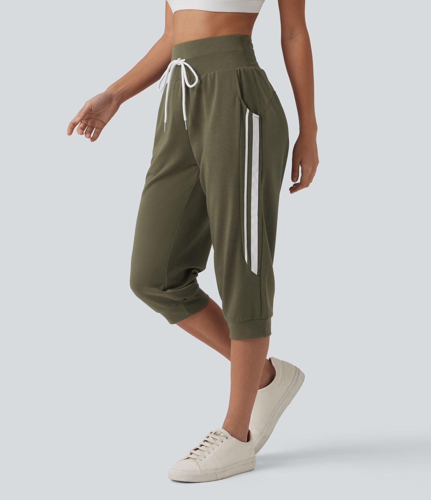 Jogging casual capri à rayures taille haute avec cordon de serrage et poches