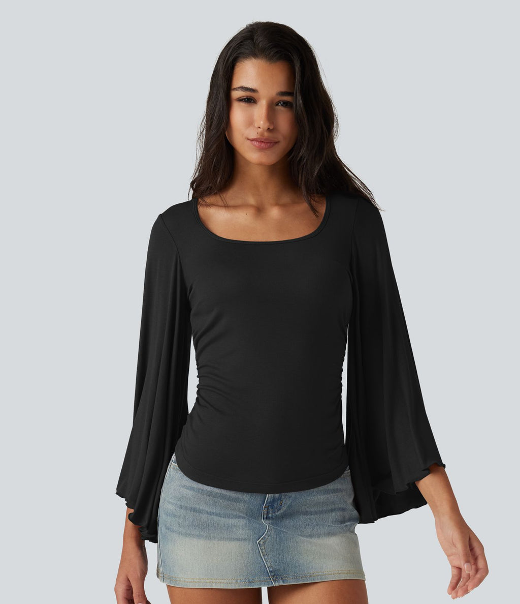 T-shirt côtelé à encolure carrée avec manches 7/8 volantées et fronces