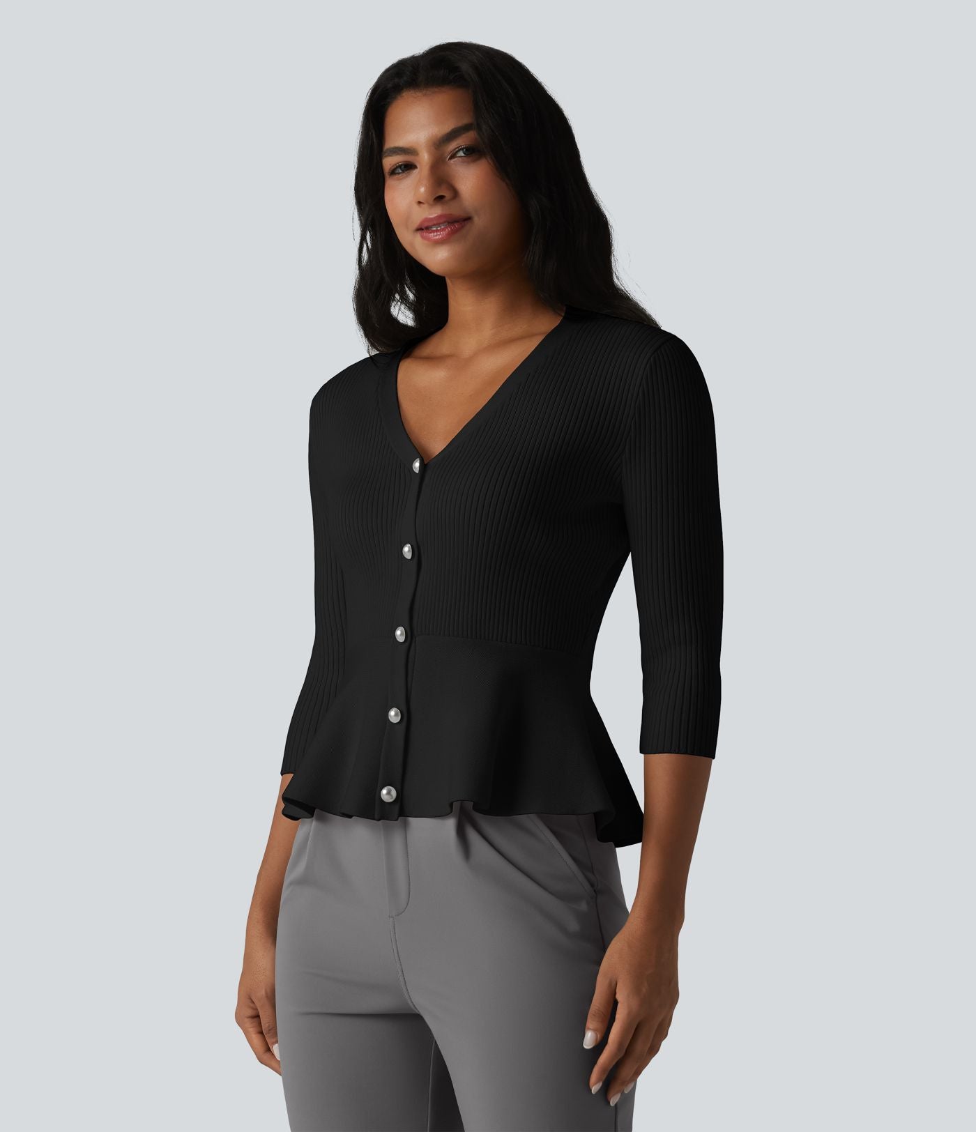 Gilet péplum à col en V et manches 3/4