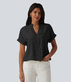 Chemise col V manches courtes aspect lin pour le bureau