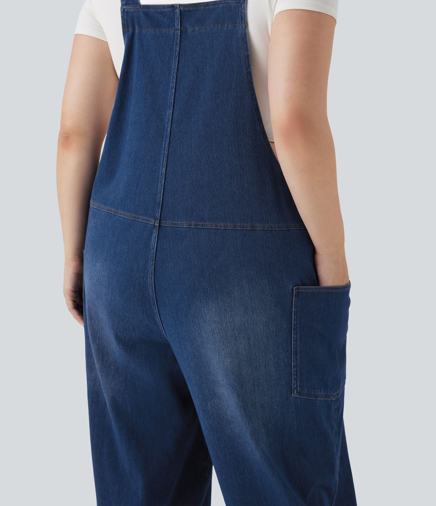 Salopette décontractée Halara Flex™ grande taille en maille denim extensible délavée col V avec poches