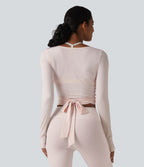 Haut de yoga à manches longues et bretelles croisées, toucher doux, protection solaire UPF50+