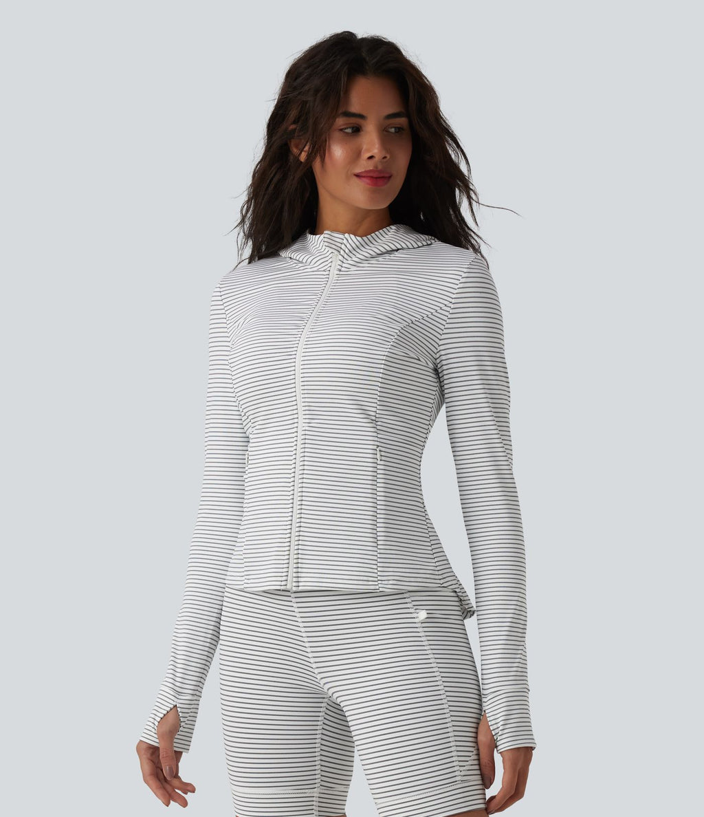 Veste de yoga à capuche manches longues avec trous pour pouces et rayures avec poches