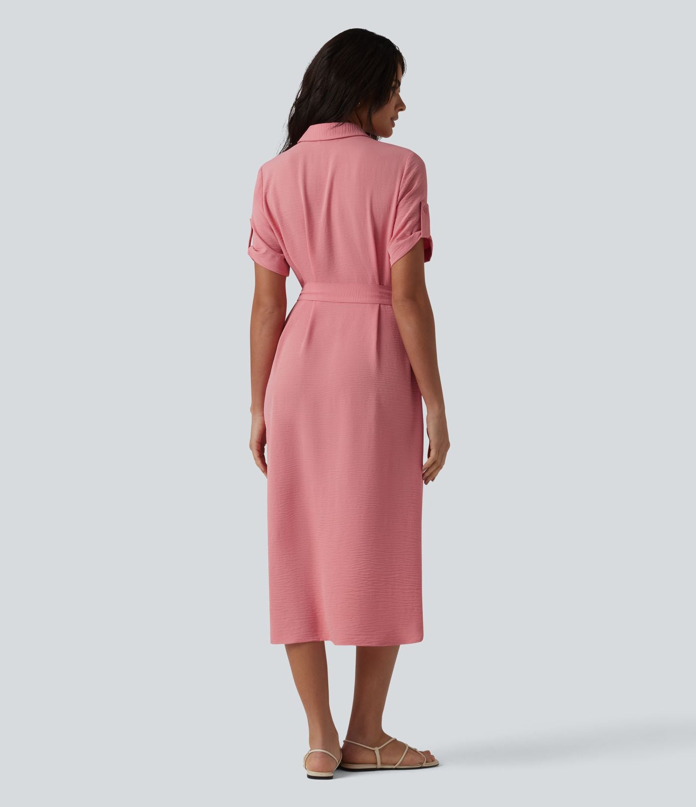 Robe-chemise midi casual à manches courtes aspect lin, ceinturée et avec poches