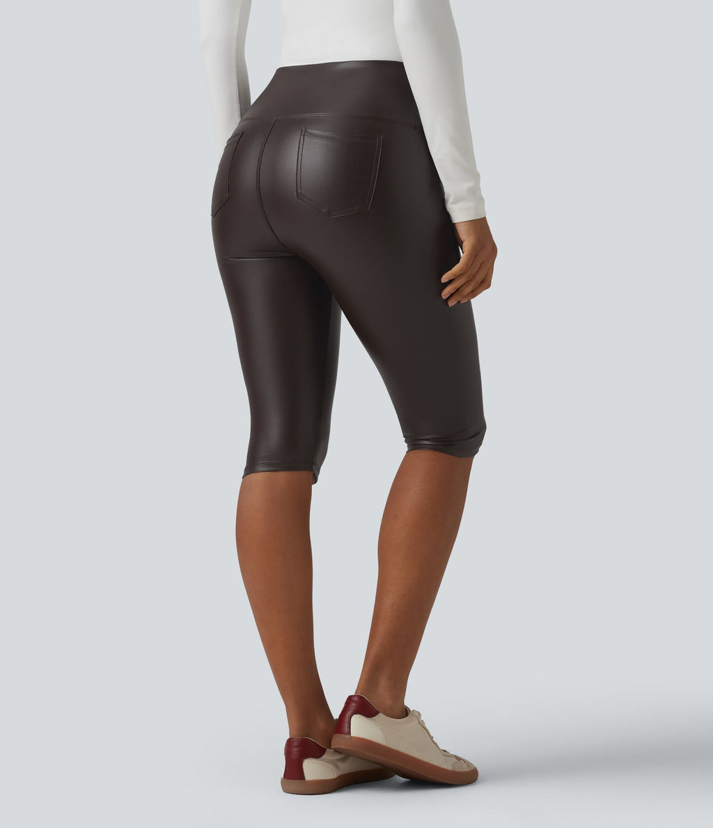 Legging corsaire casual ventre plat taille haute extensible en simili cuir avec poches