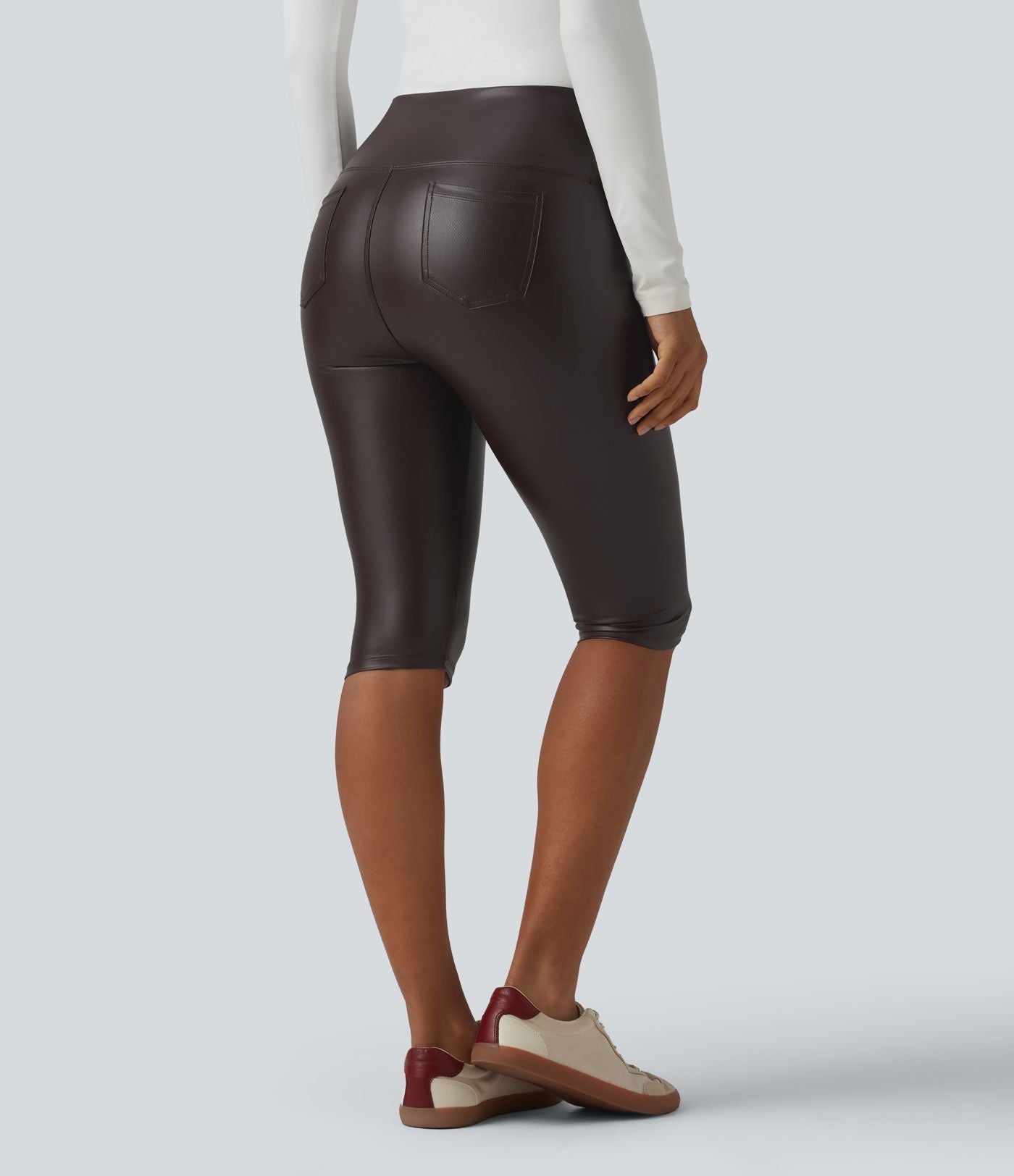 Legging corsaire casual ventre plat taille haute extensible en simili cuir avec poches