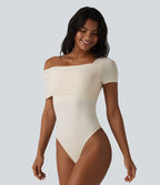Body casual col asymétrique manches courtes avec soutien-gorge intégré