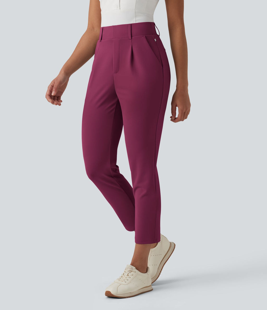 Pantalon de golf fuselé crêpe taille haute avec poches