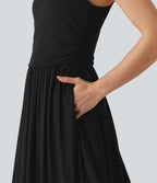 Robe maxi fluide sans manches à encolure U, superposition en mesh, poches et coussinets amovibles