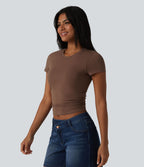 T-shirt casual Halara en jersey de coton col rond à manches courtes froncé avec brassière intégrée