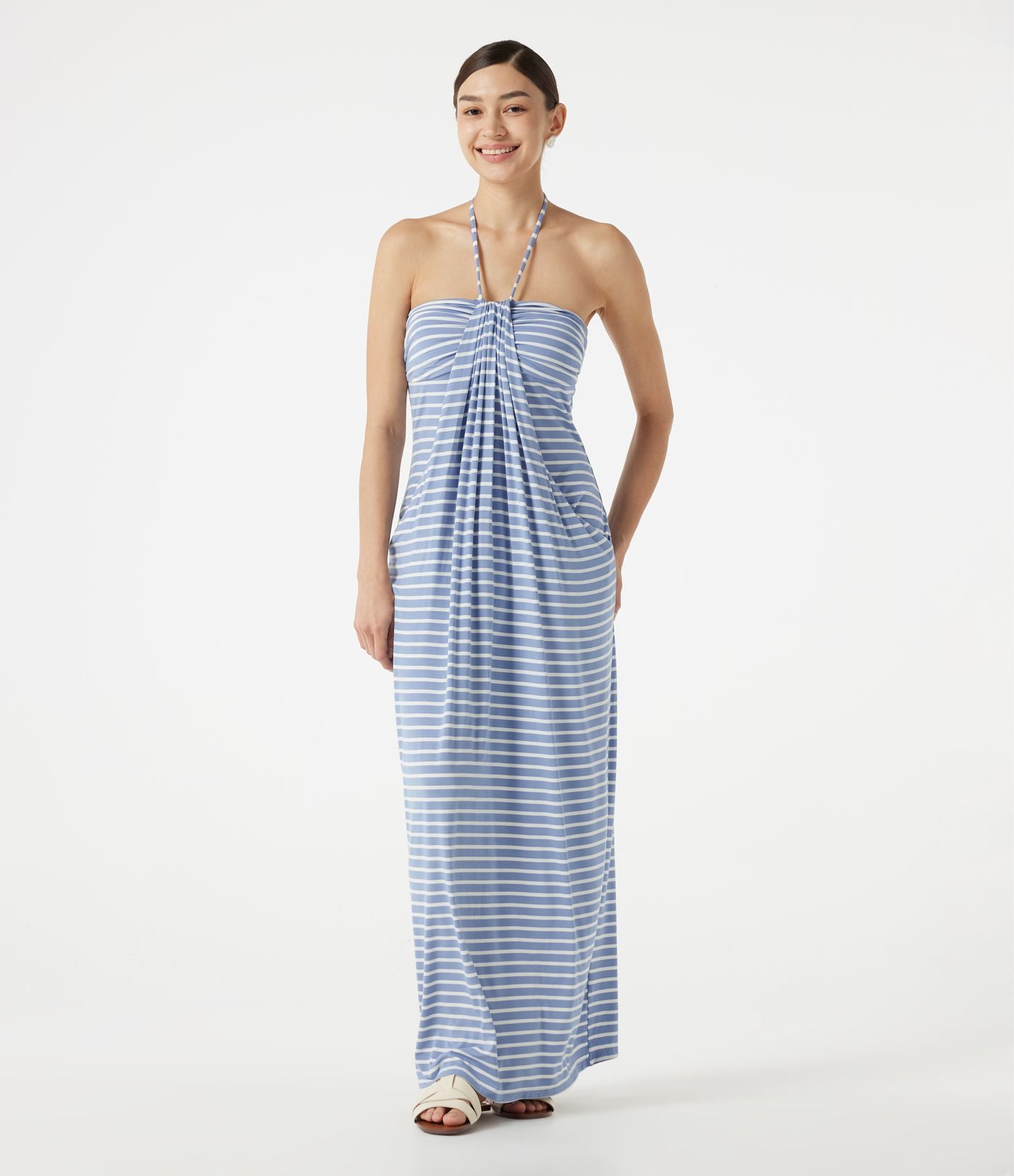Robe maxi de plage à rayures col halter avec brassière intégrée, lien noué au dos et poches