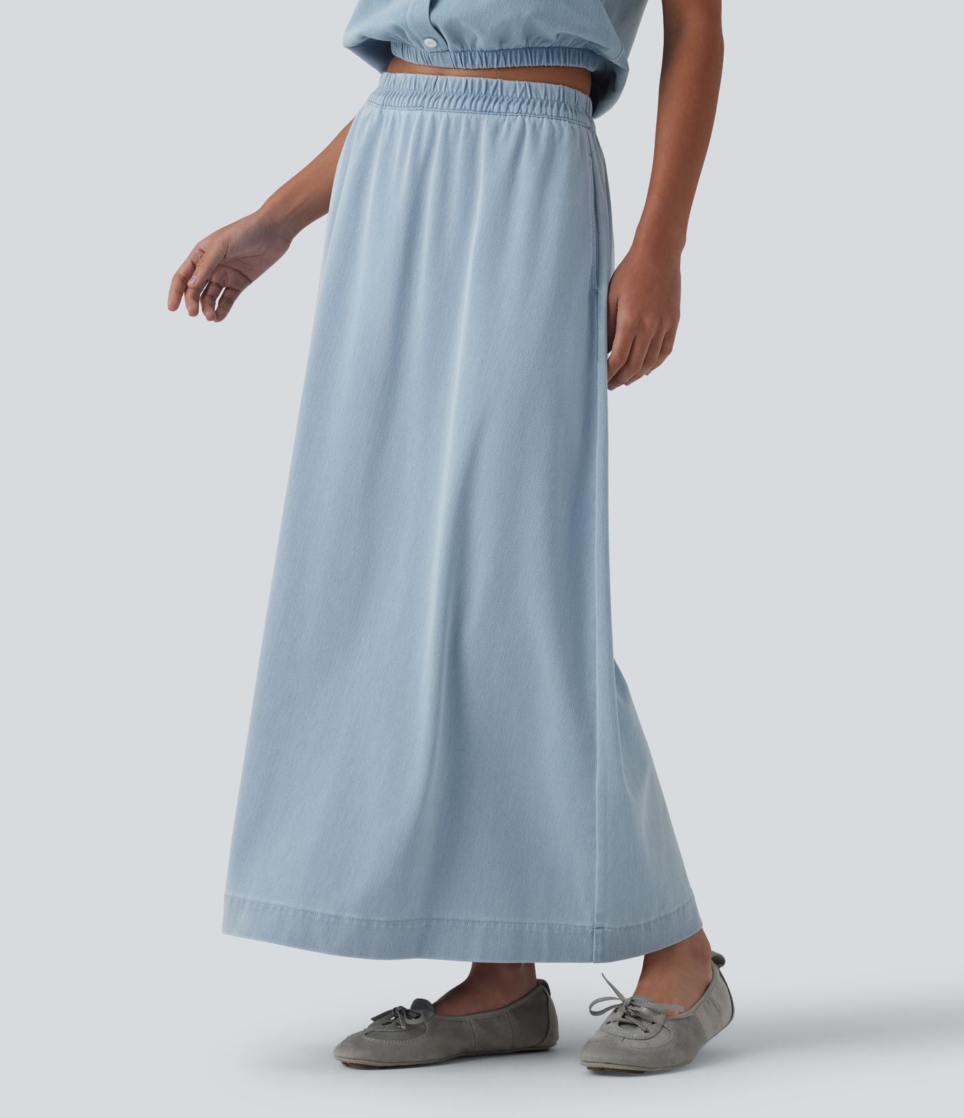 Jupe longue décontractée évasée Halara Flex™ en denim taille haute avec poches