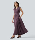 Robe midi fluide esprit bureau sans manches col V avec poches