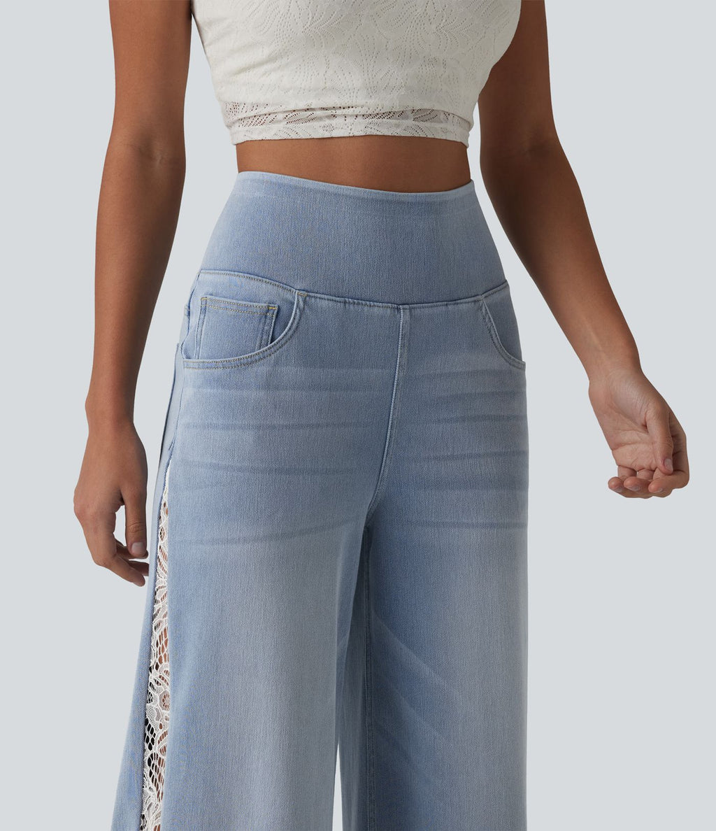 Jean large Halara Flex™ décontracté taille haute avec poches et dentelle contrastée