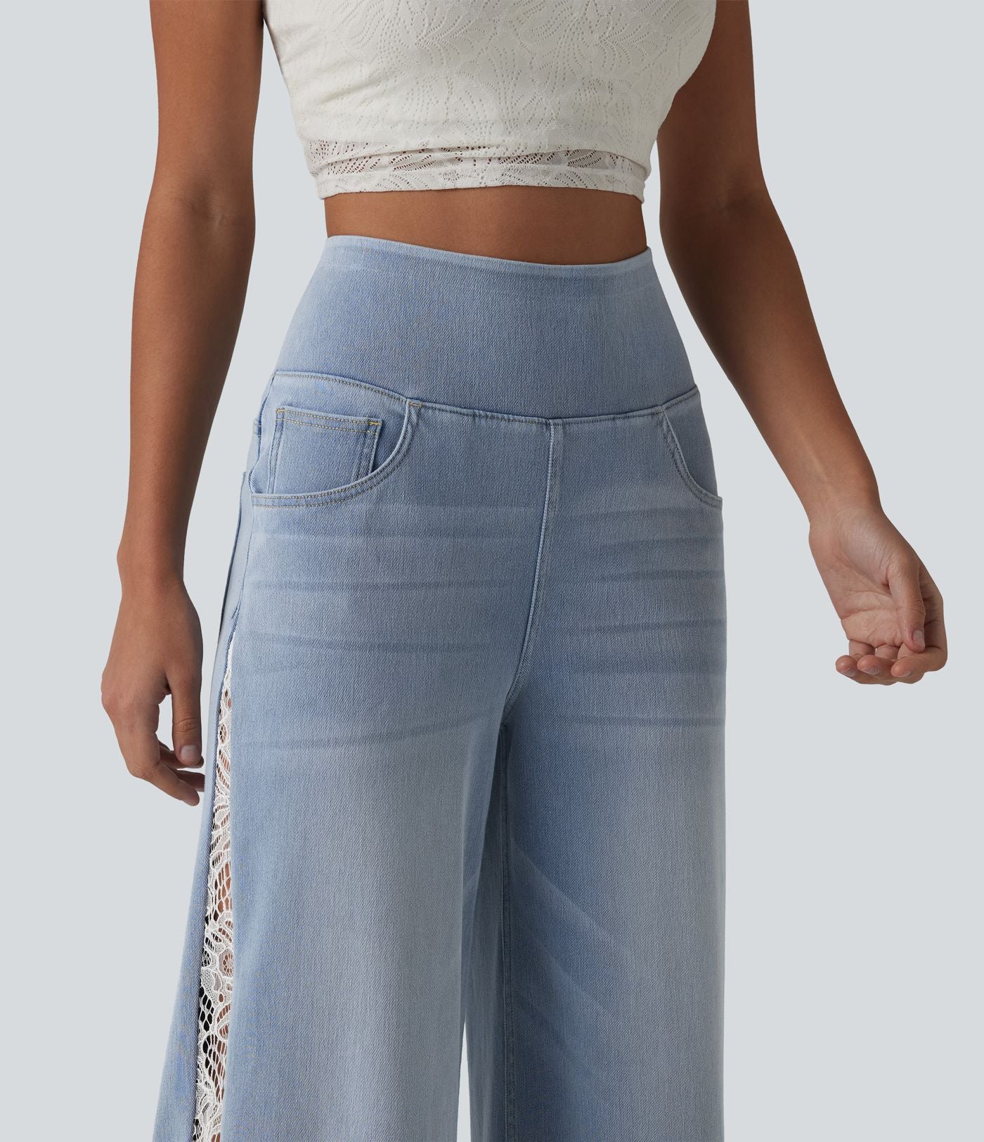 Jean large Halara Flex™ décontracté taille haute avec poches et dentelle contrastée