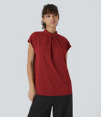 Blouse de Travail à Col Montant Plissée avec Boutons dans le Dos et Manches Courtes