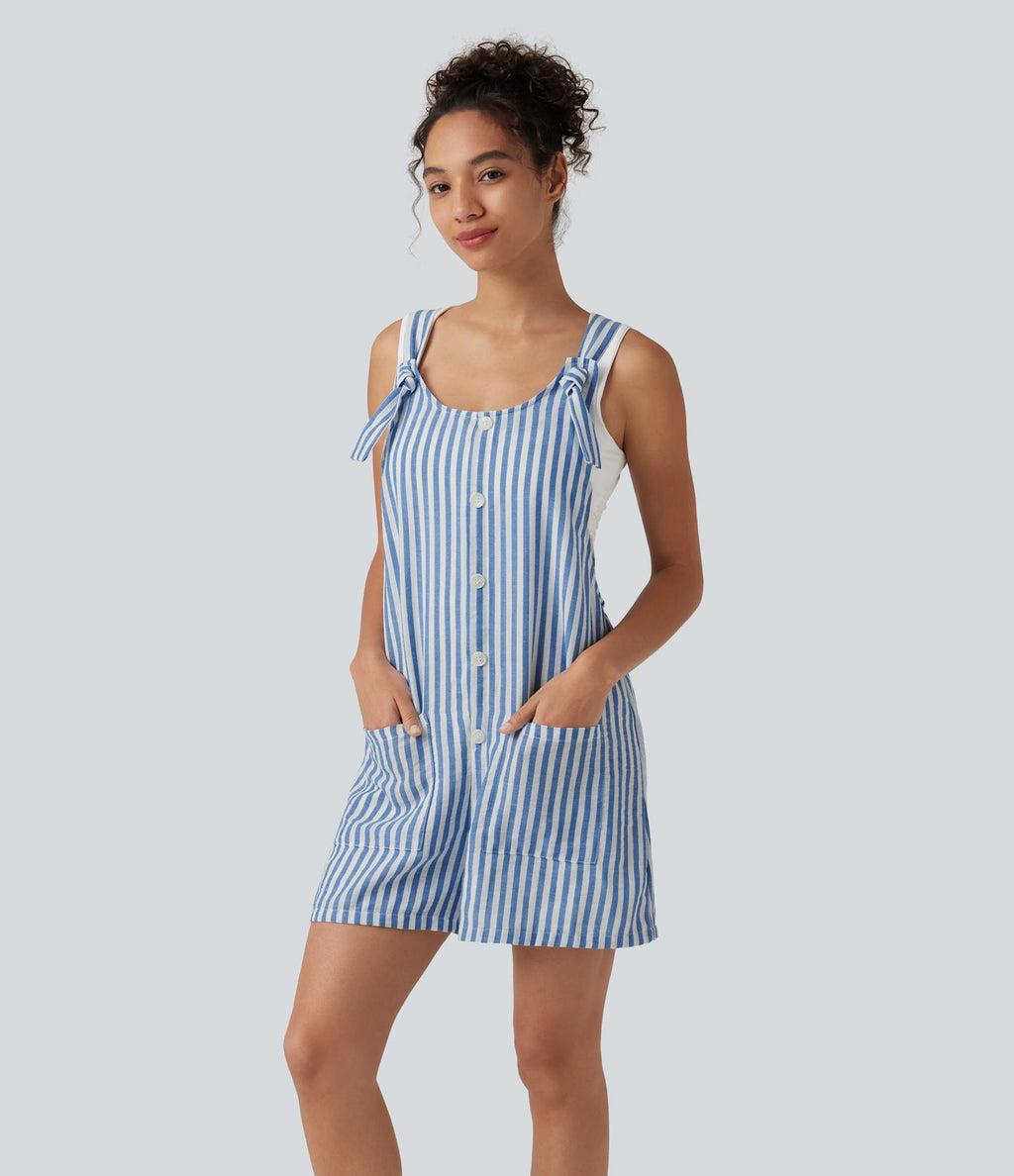 Salopette short casual rayée à toucher lin avec bretelles nouées et poches