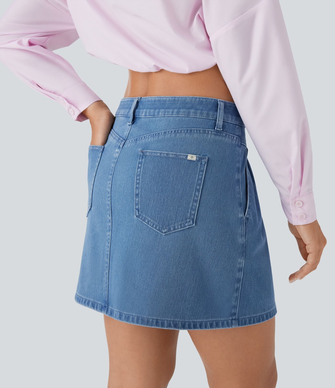 Halara Flex™ jupe patineuse mini taille moyenne en jean extensible avec boutons, fermeture éclair et poches multiples
