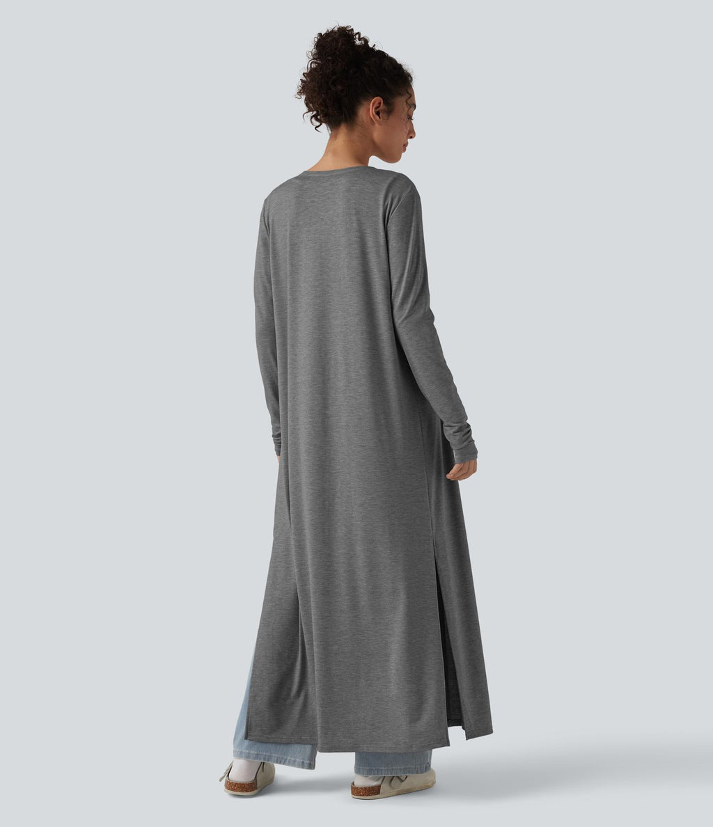 Manteau long décontracté à manches longues chiné avec fentes latérales