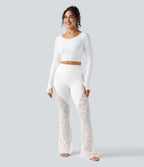 Pantalon de yoga évasé gainant taille haute avec dentelle contrastée et poche Halara UltraSculpt™