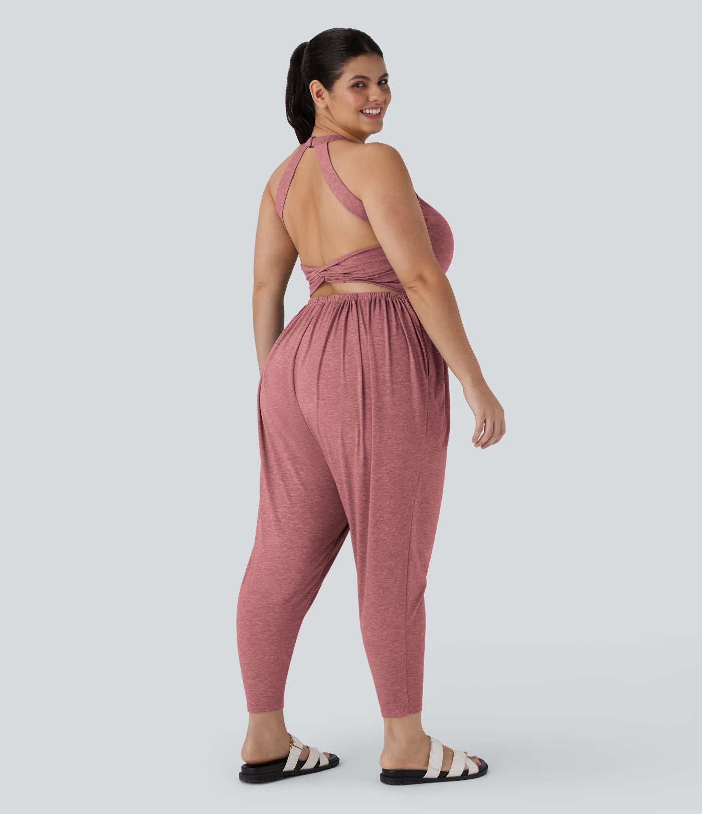 Combinaison sarouel dos nu torsadée grande taille avec poche latérale - Édition facile à enfiler