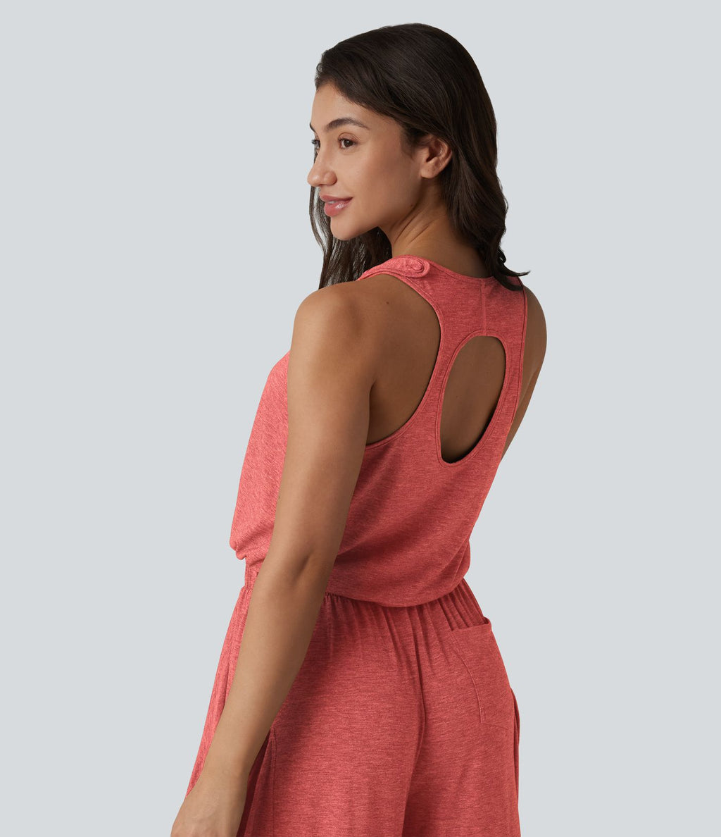 Combinaison décontractée à découpe sans manches jambes larges avec poches, édition Easy-Peezy