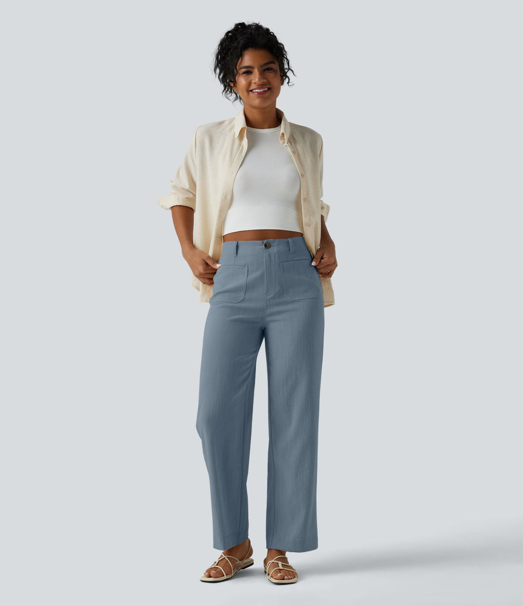 Pantalon taille haute coupe droite effet lin avec poches