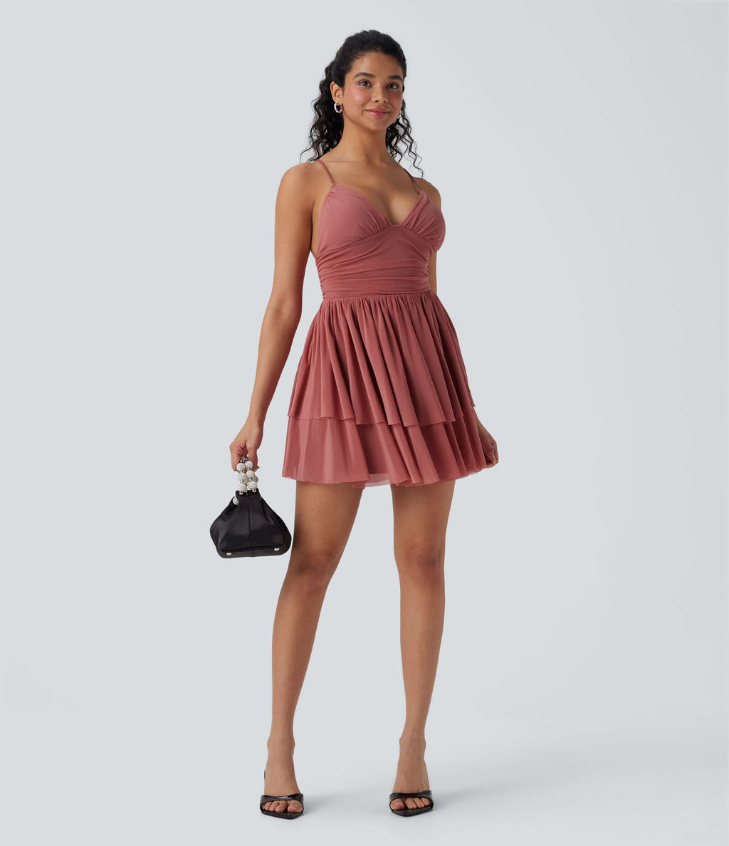 Robe Soirée Mini Superpositions en Maille avec Dos Nu Croisé Lacets