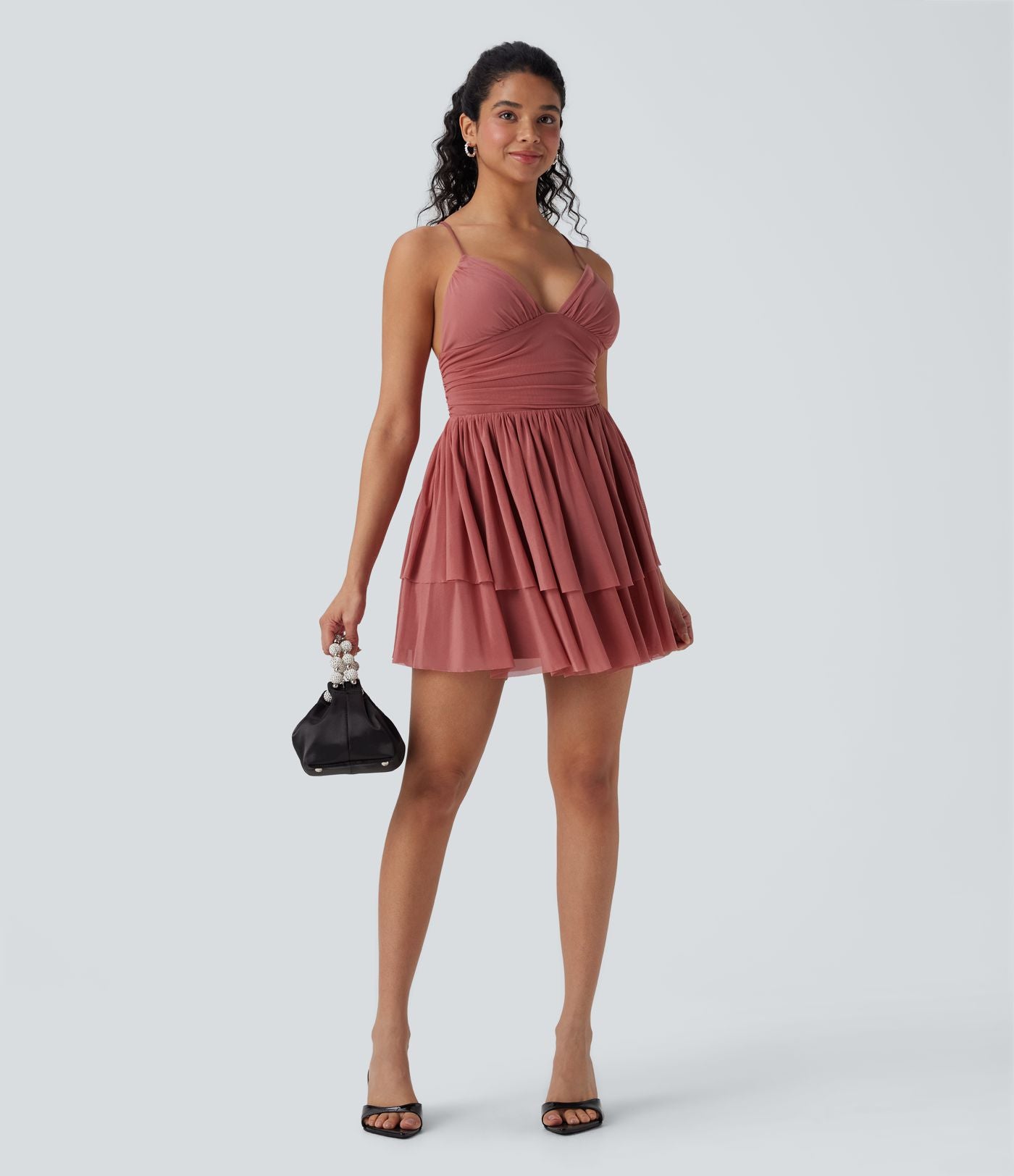 Robe Soirée Mini Superpositions en Maille avec Dos Nu Croisé Lacets