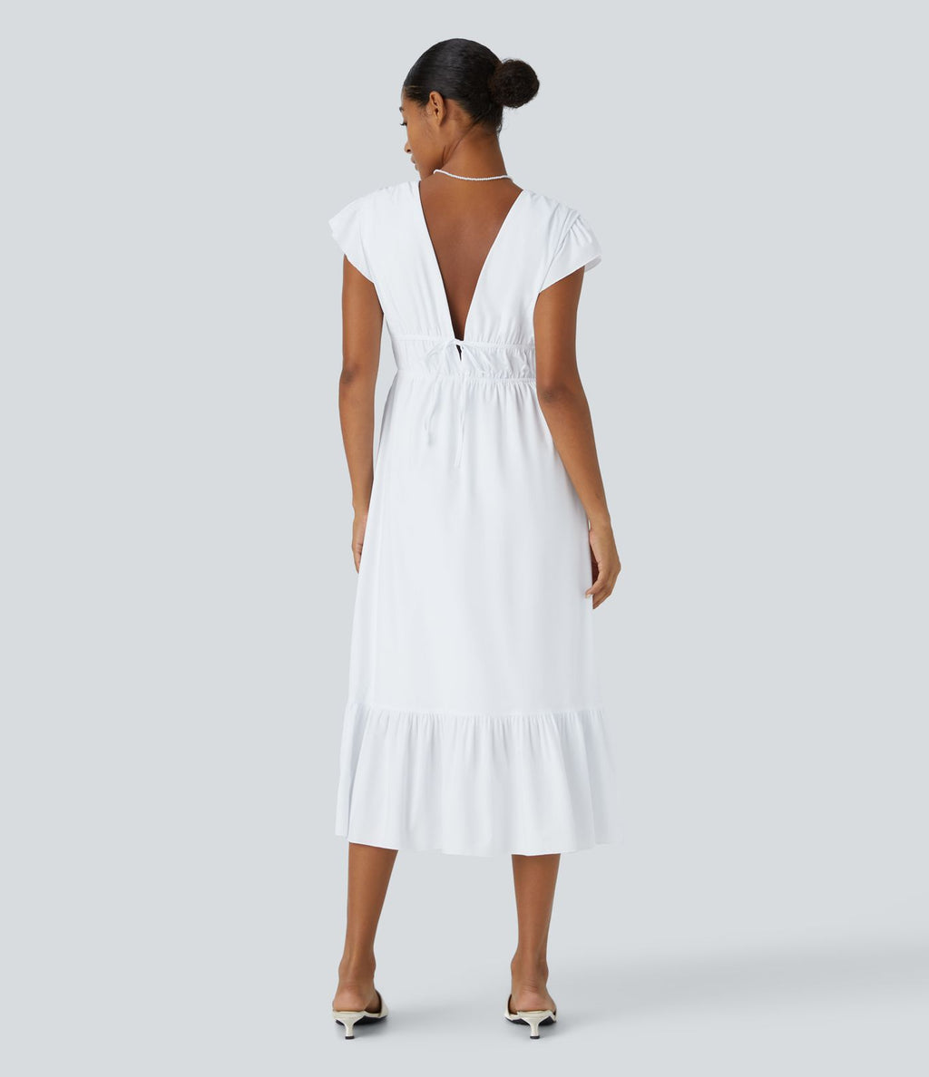 Breezeful™ Robe Midi Séchage Rapide Demoiselle d'Honneur et Invitée de Mariage Encolure en V Profond Manches Papillon Dos Nu Nœud Poches Latérales Ourlet à Volants