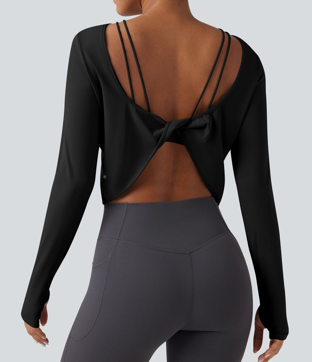 Top de sport yoga SoftlyZero™ QuickDry 2-en-1 dos nu torsadé manches longues avec trous pouces