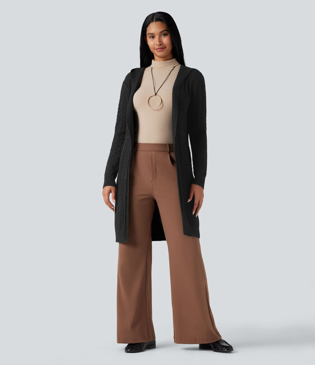 Cardigan long à capuche cordon de serrage manches longues