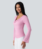 Top de sport danse côtelé col bénitier manches longues