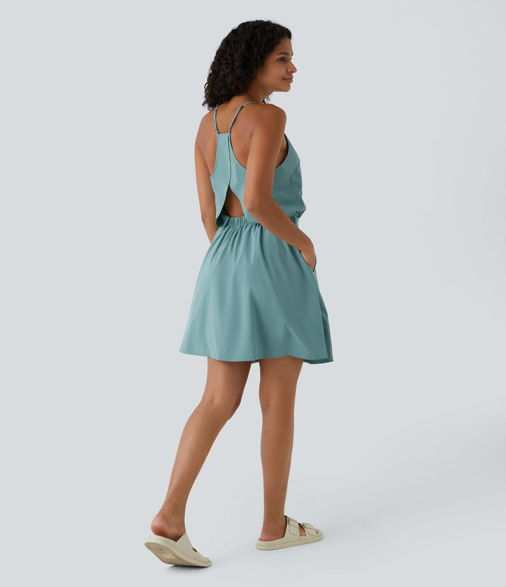 Breezeful™ Robe Casual Plissée à Bretelles Réglables Mini Dos Nu Découpée Poche Latérale Séchage Rapide