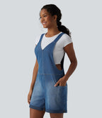 Salopette en jean Halara Flex™ col V délavée décontractée à ourlet roulotté avec poches