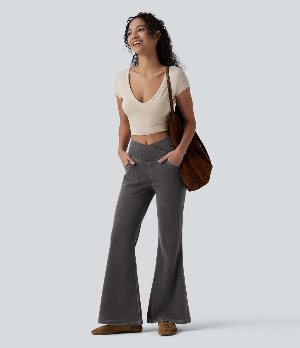 Halara Flex™ - Jean Ultra Evasé Tricot Extensible Lavé Poches Croisées Taille Haute