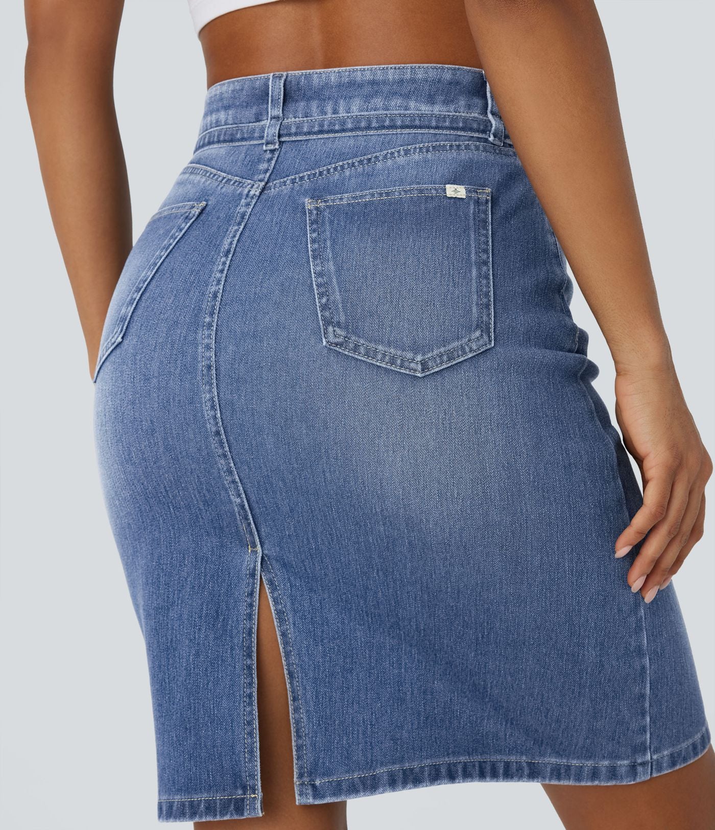 Jupe en Jean midi décontractée extensible délavée à taille moyenne avec boutons, fermeture éclair, poches multiples et fente