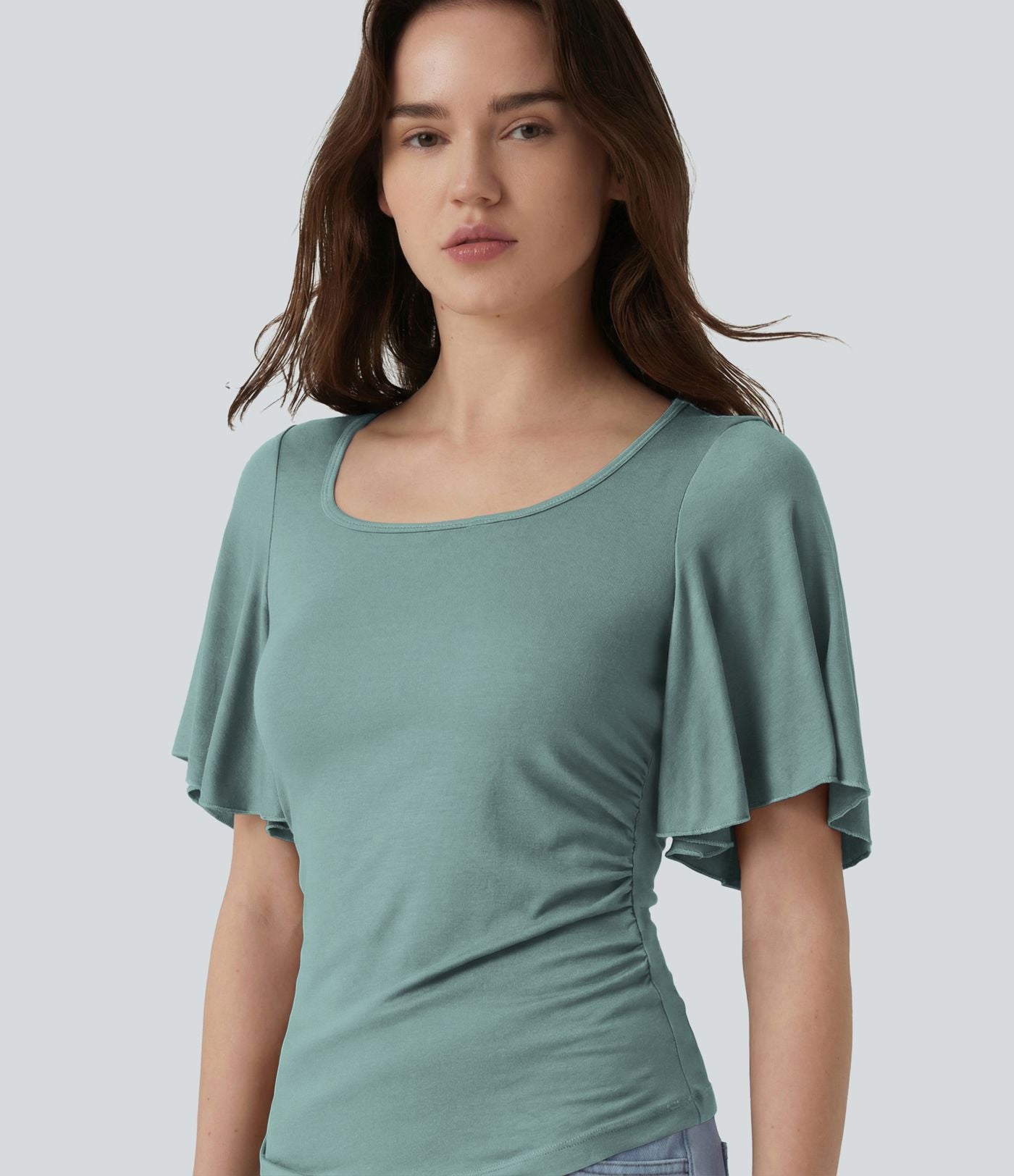T-shirt décontracté maille côtelée col carré manches papillon froncé