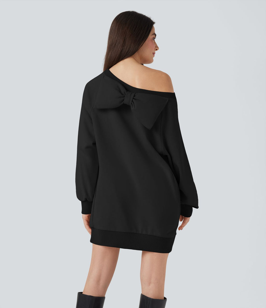 Sweat-shirt coton col bateau nœud manches longues avec poches
