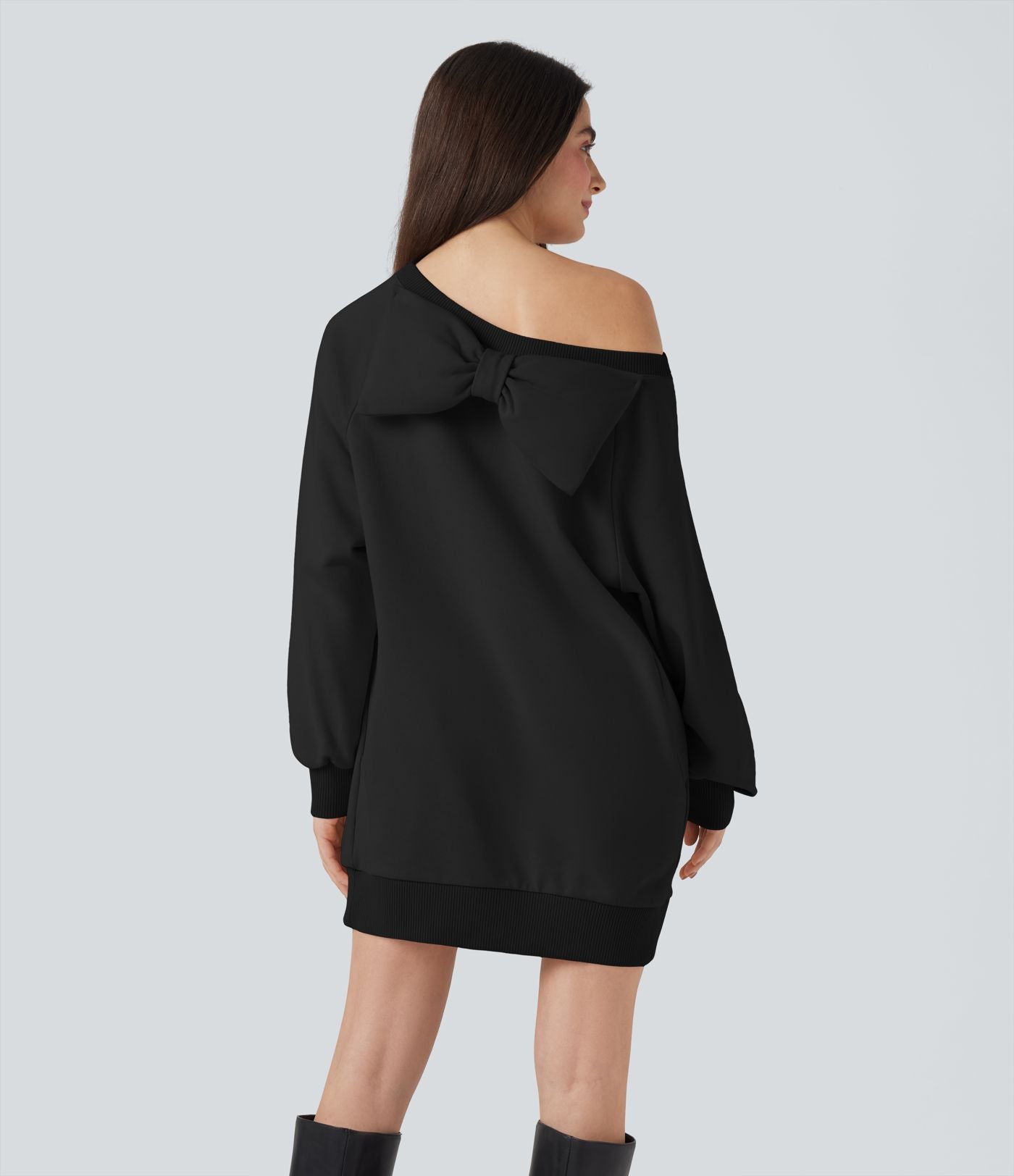 Sweat-shirt coton col bateau nœud manches longues avec poches