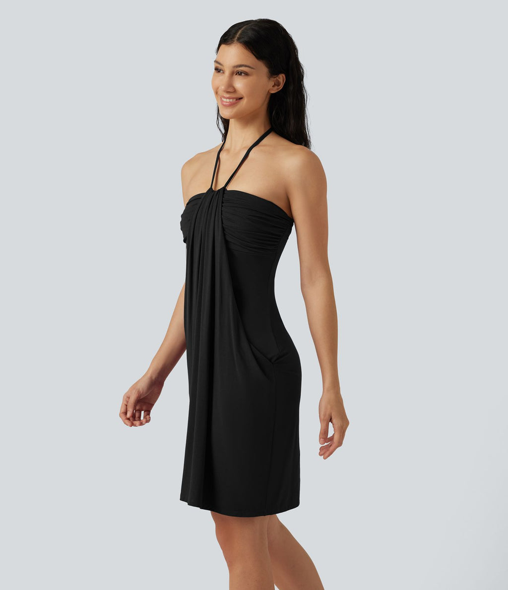 Robe mini de plage à col halter avec brassière intégrée, lien noué au dos et poches